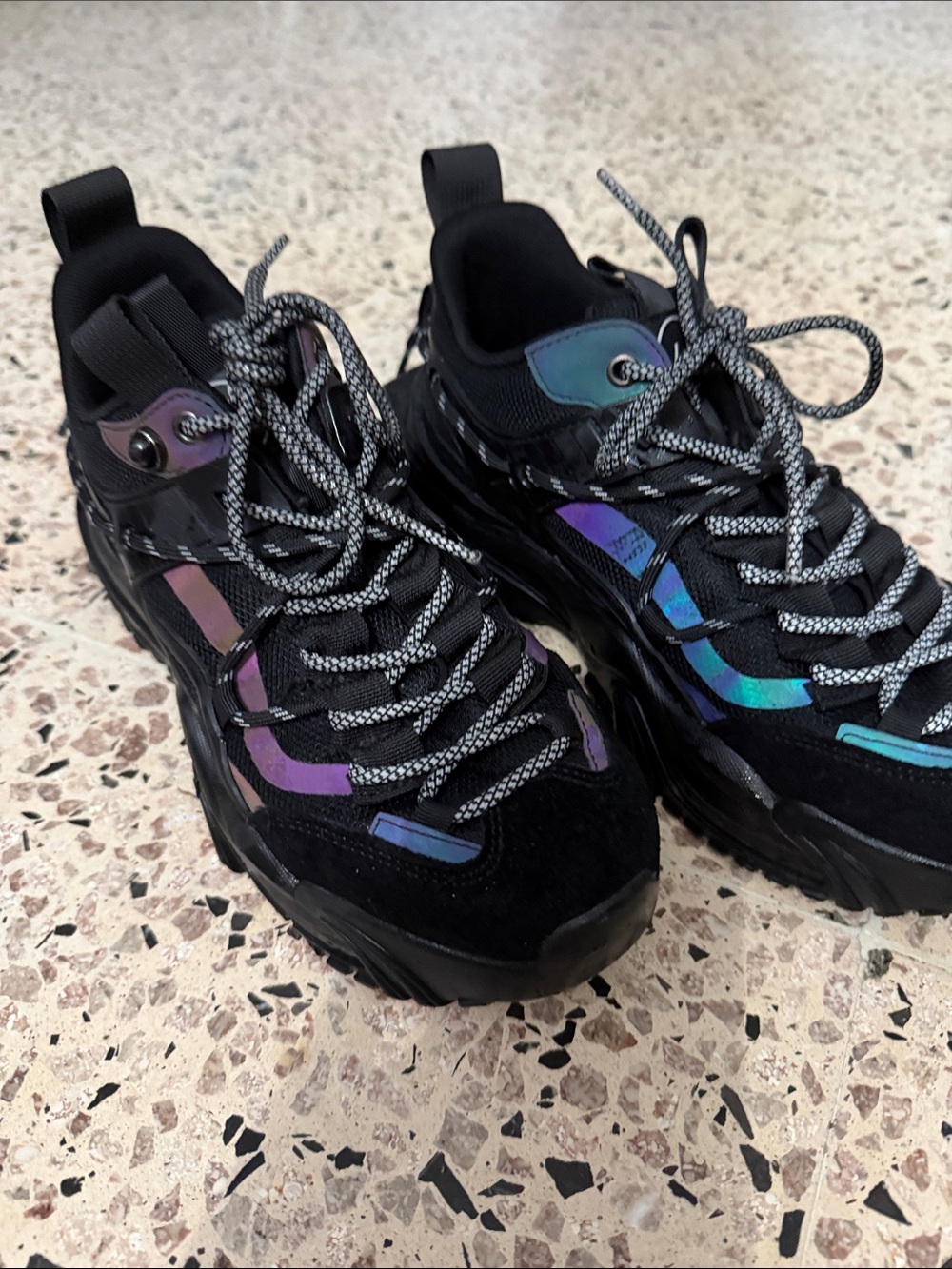 Kids Black Sneakers with Iridescent Accents